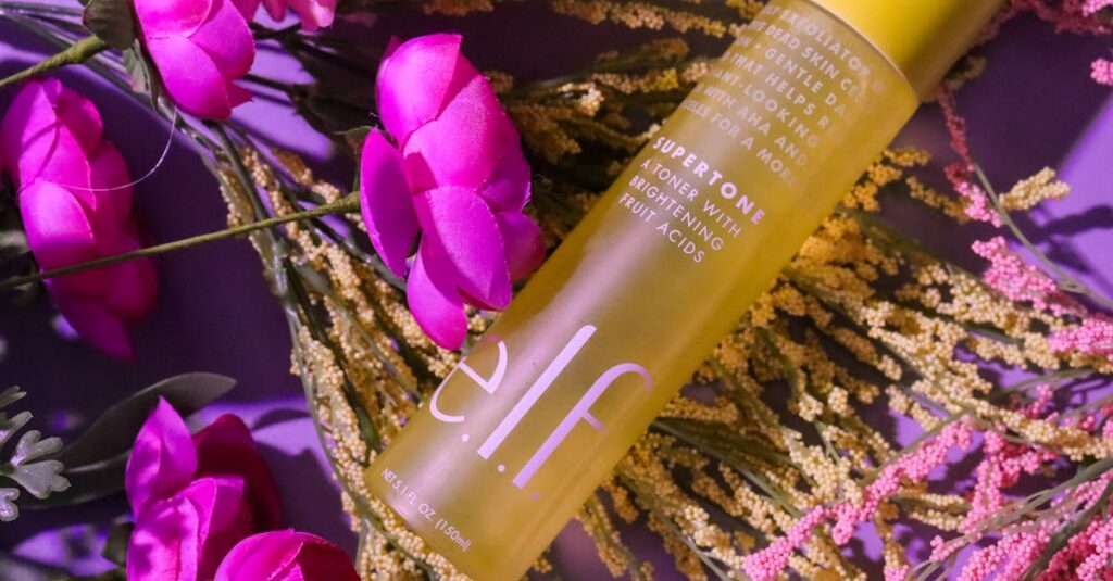 Vibrant skincare face toner bottle with pink flowers and foliage, creating a fresh look.